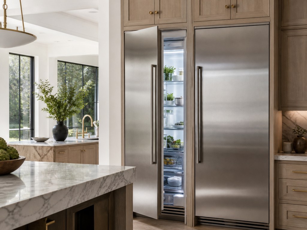 Sub-Zero built-in refrigerator and freezer columns in a Los Altos estate kitchen