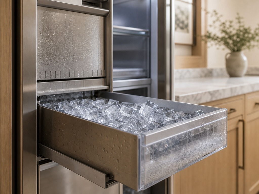 Built-in Sub-Zero freezer column and clear-ice maker in a Los Altos estate kitchen