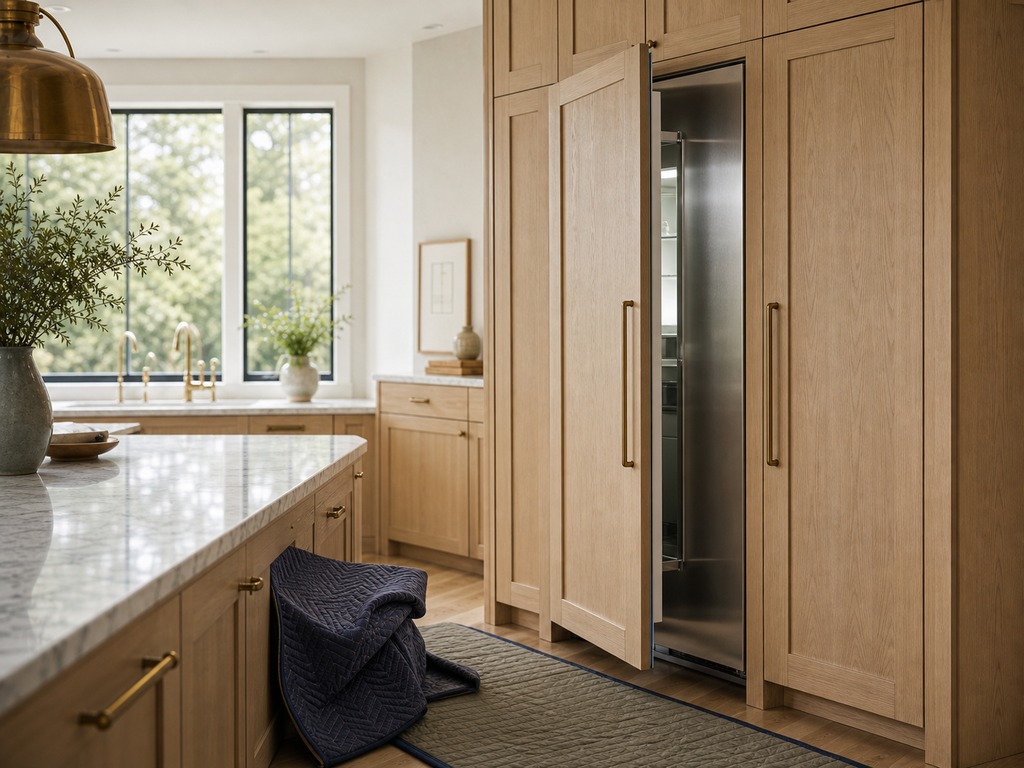 Panel-ready integrated Sub-Zero refrigerator faced with custom white-oak cabinetry in a Los Altos estate kitchen