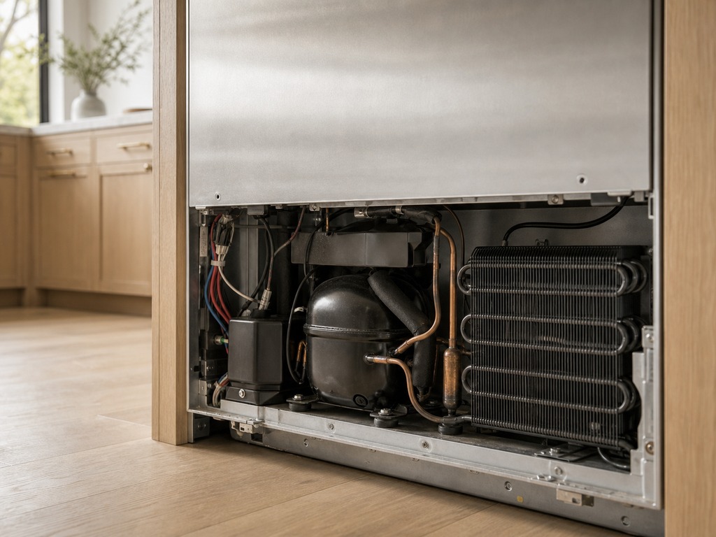 Exposed sealed system and compressor at the base of a Sub-Zero built-in unit in a Los Altos kitchen