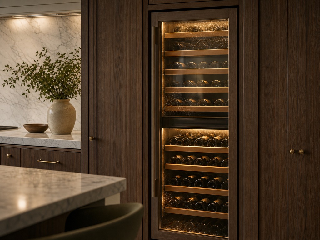 Built-in Sub-Zero wine storage column stocked with bottles under warm LED light in a Los Altos estate kitchen