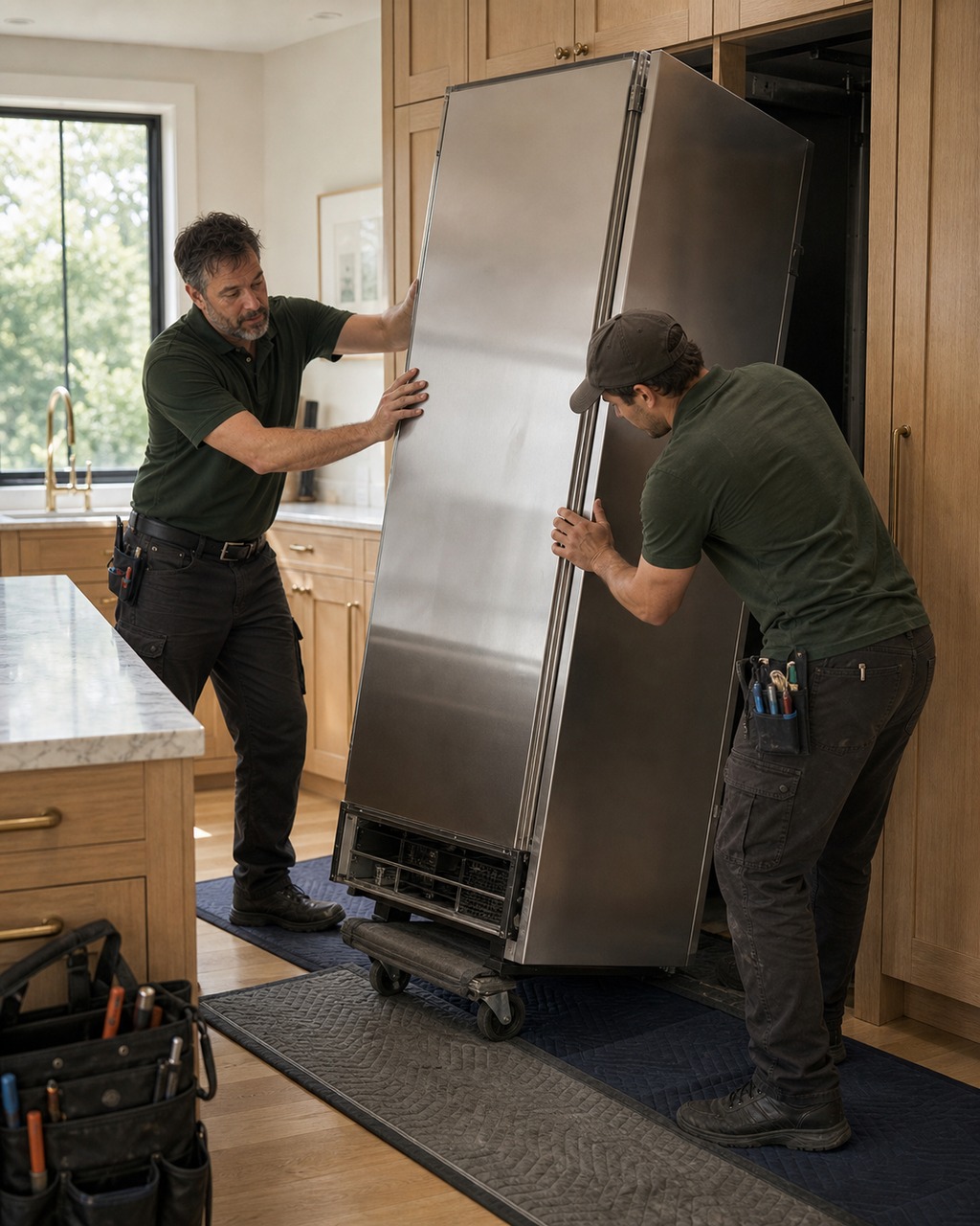 Two Sub-Zero Los Altos technicians sliding a heavy built-in column out of its custom cabinet cutout on a protective runner