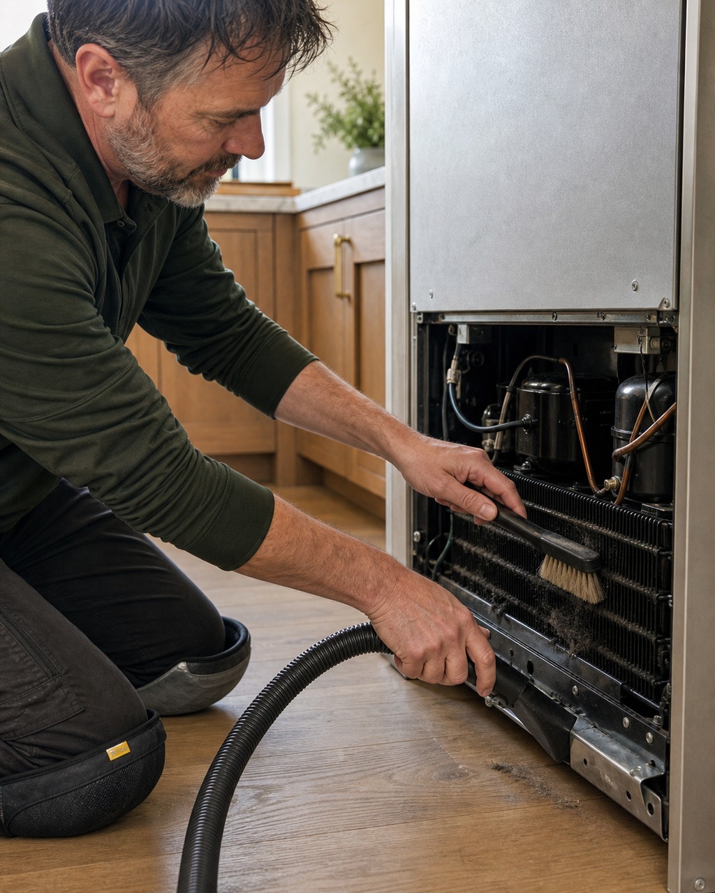 Technician cleaning the condenser coils of a Sub-Zero built-in refrigerator during maintenance in a Los Altos kitchen
