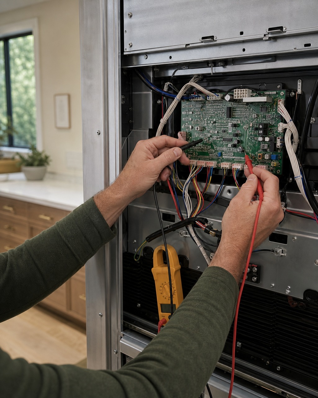 Technician checking the control board and zone temperatures of a Sub-Zero column in Los Altos