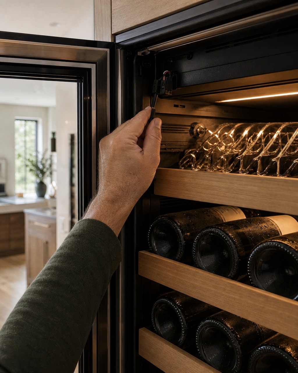 Technician checking the temperature sensor inside a Sub-Zero wine column in a Los Altos kitchen